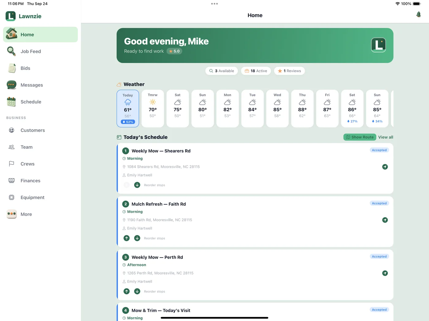 Lawnzie home dashboard on a tablet: weather, today's schedule and new jobs