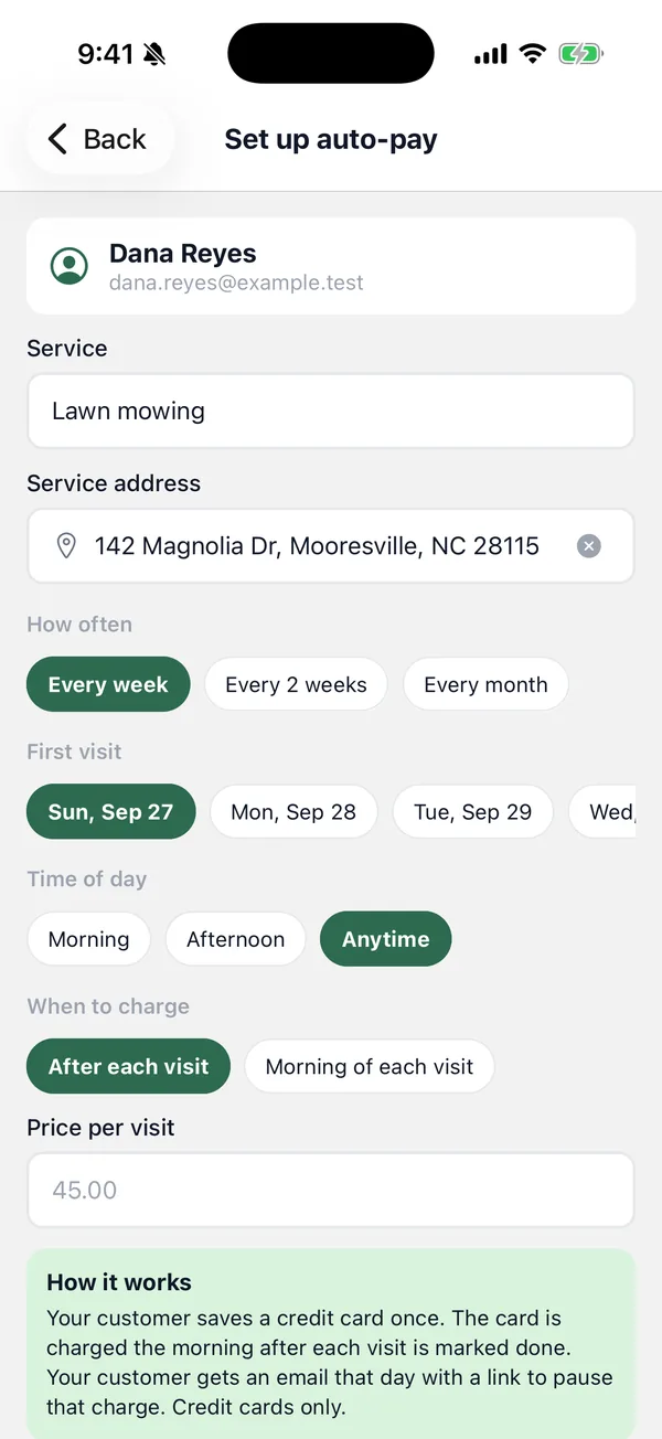 Setting up auto-pay for a weekly customer