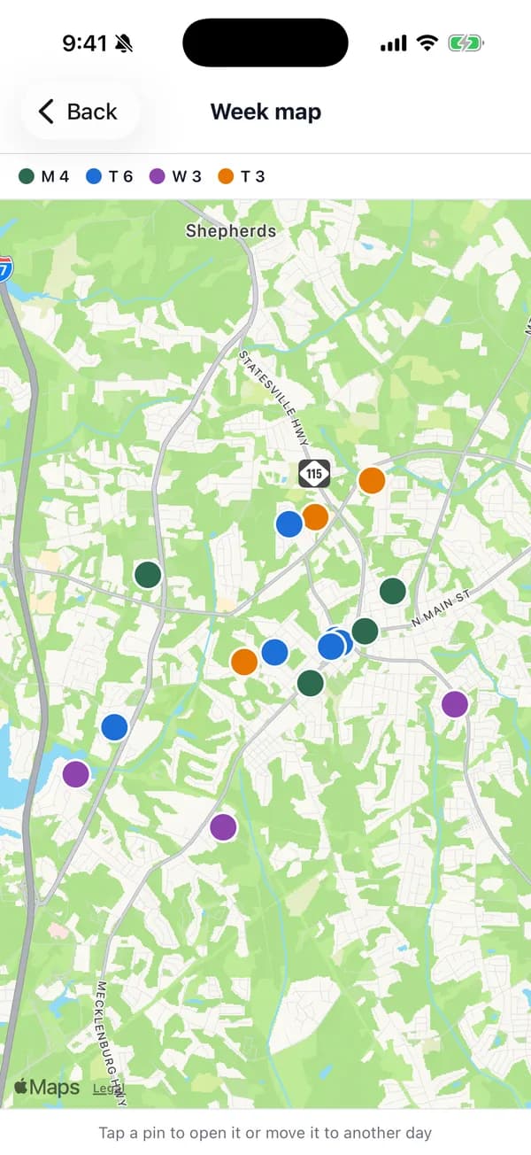 Every job this week on one map, color-coded by day