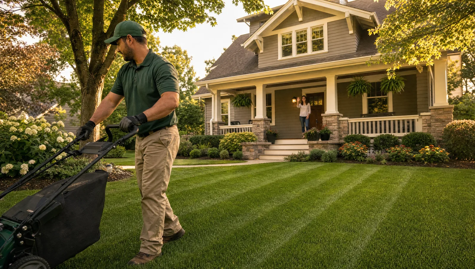A lawn care contractor in a clean uniform packs up a push mower beside a freshly striped suburban front yard at golden hour while the homeowner waves from the porch of a tidy craftsman home.
