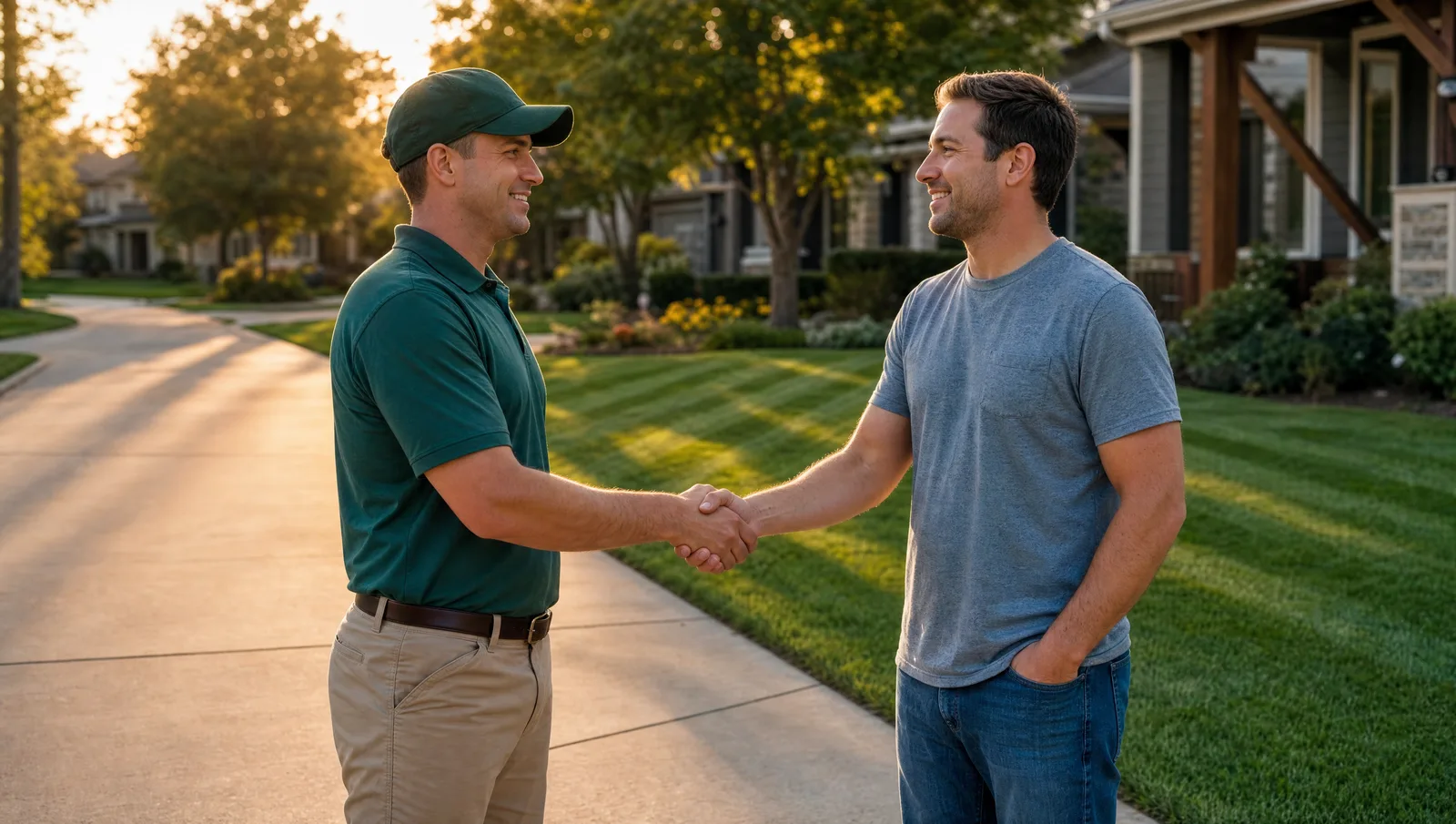 A lawn-care contractor shaking hands with a happy homeowner at the end of a driveway beside a freshly mowed lawn