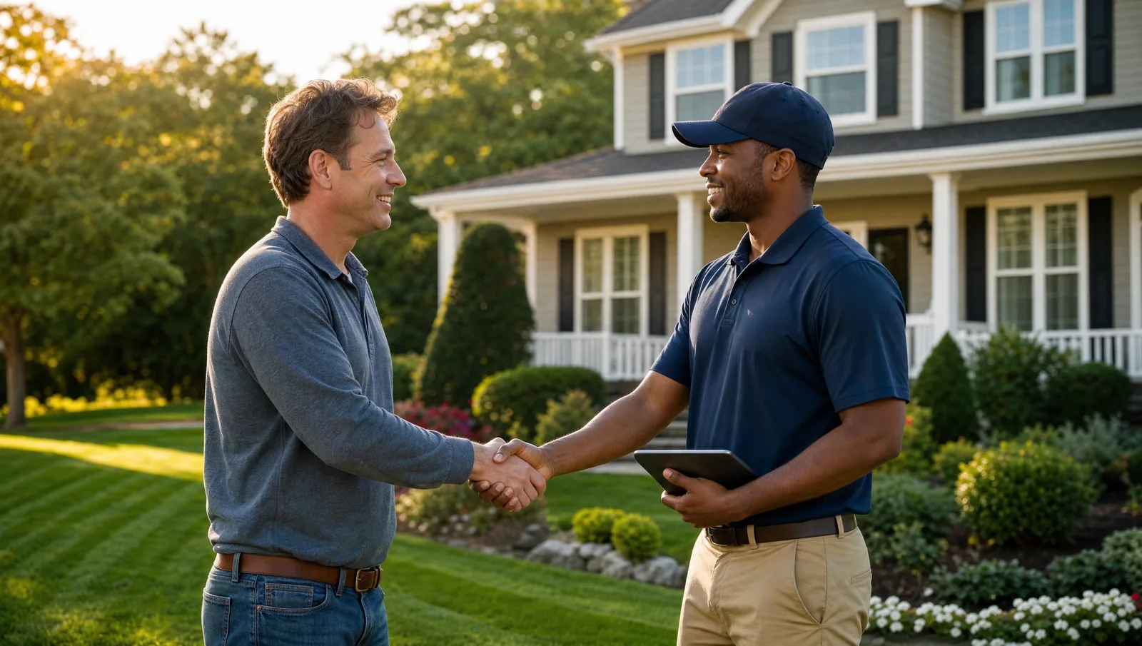 A friendly handshake between a homeowner and a uniformed lawn care technician on a freshly mowed front lawn at golden hour, with a tidy two-story suburban home in the background.