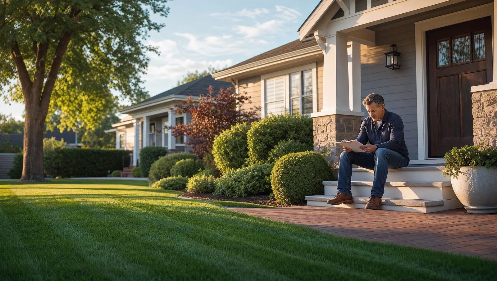 Homeowner sitting on the front steps of a tidy suburban home reviewing a lawn care quote on a clipboard, with a manicured green front lawn in the golden-hour sunlight