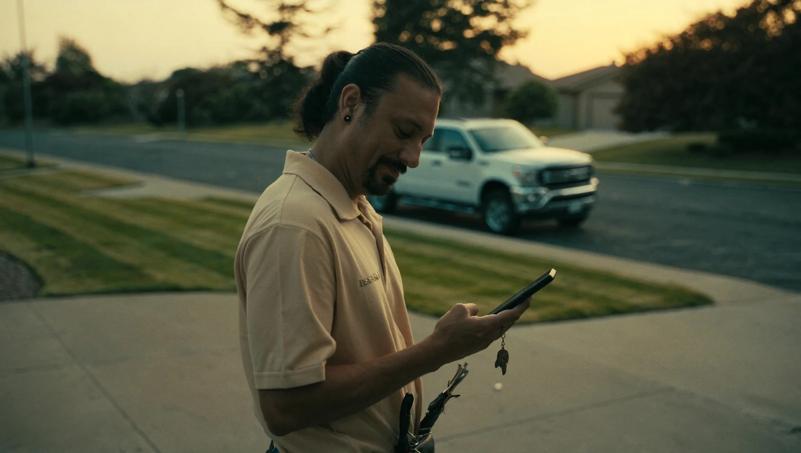 A lawn care contractor checking a payment confirmation on his phone beside his truck at the end of a freshly mowed suburban driveway