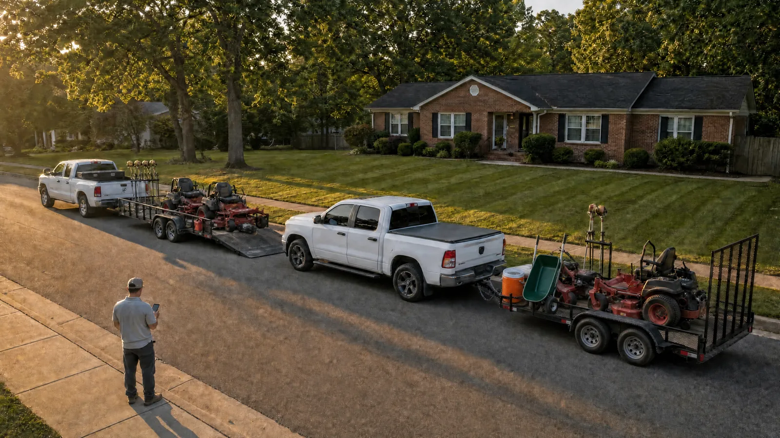Two lawn care trucks with loaded equipment trailers parked along a suburban street at golden hour while a crew leader checks the day's route on his phone