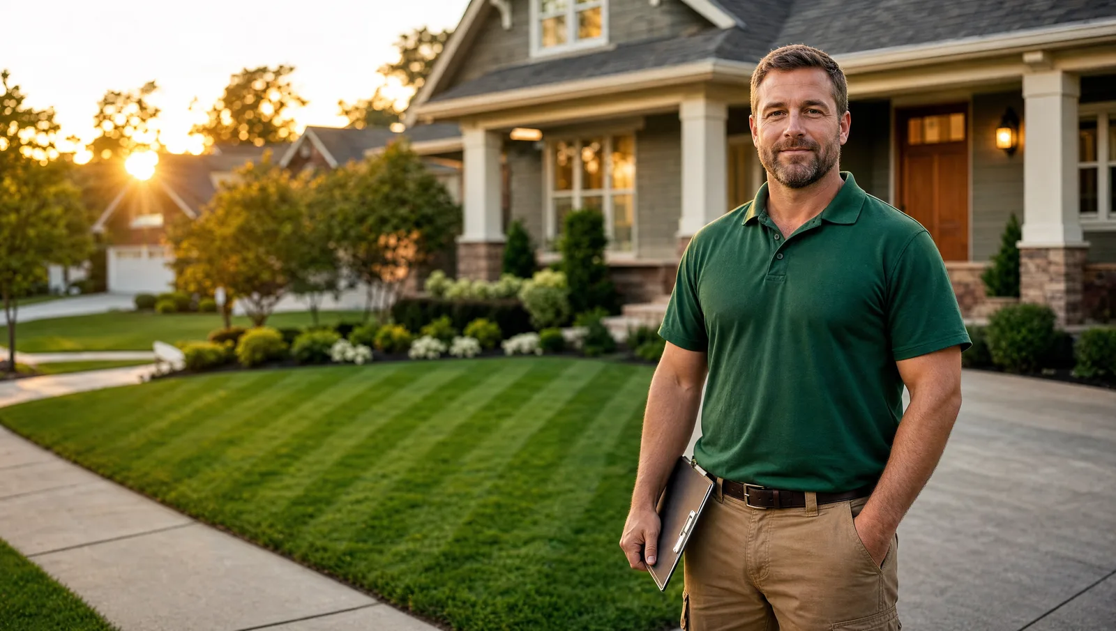 Professional lawn care contractor in a company polo standing at the end of a suburban driveway beside a freshly mowed lawn with crisp mowing lines at golden hour
