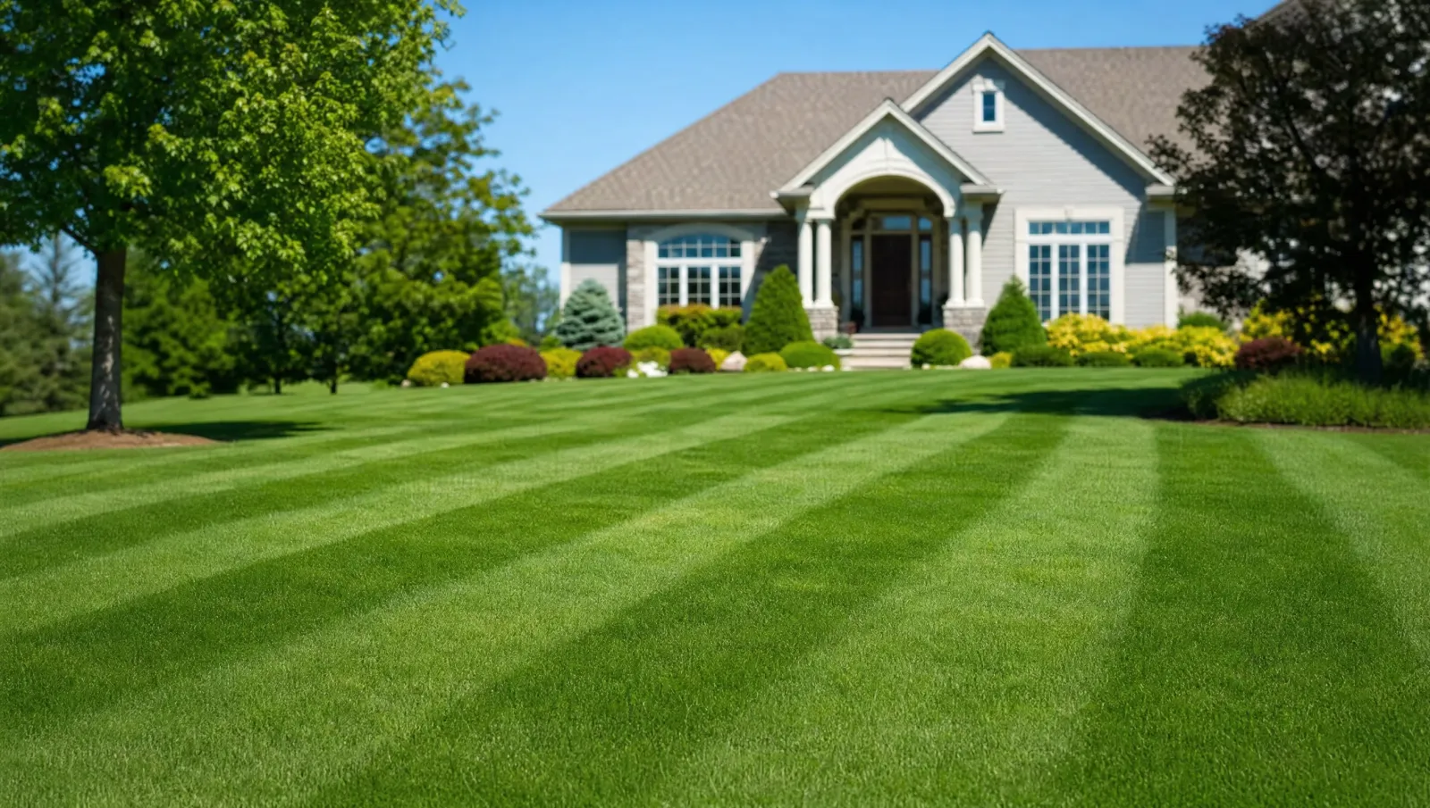 A neatly mowed suburban front lawn