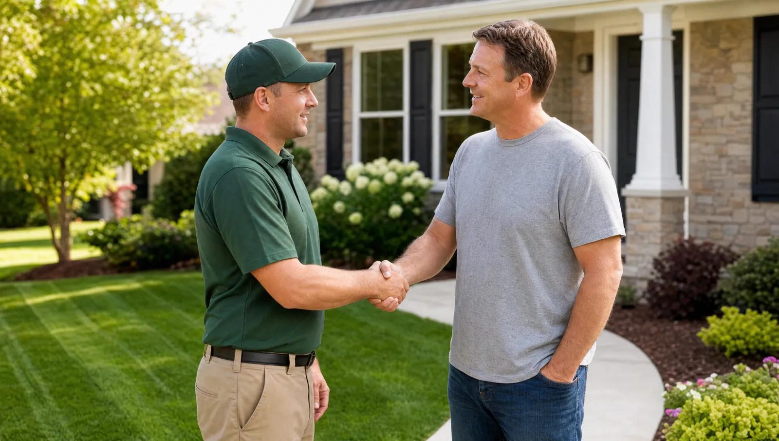 A homeowner talking with a lawn care professional in a front yard