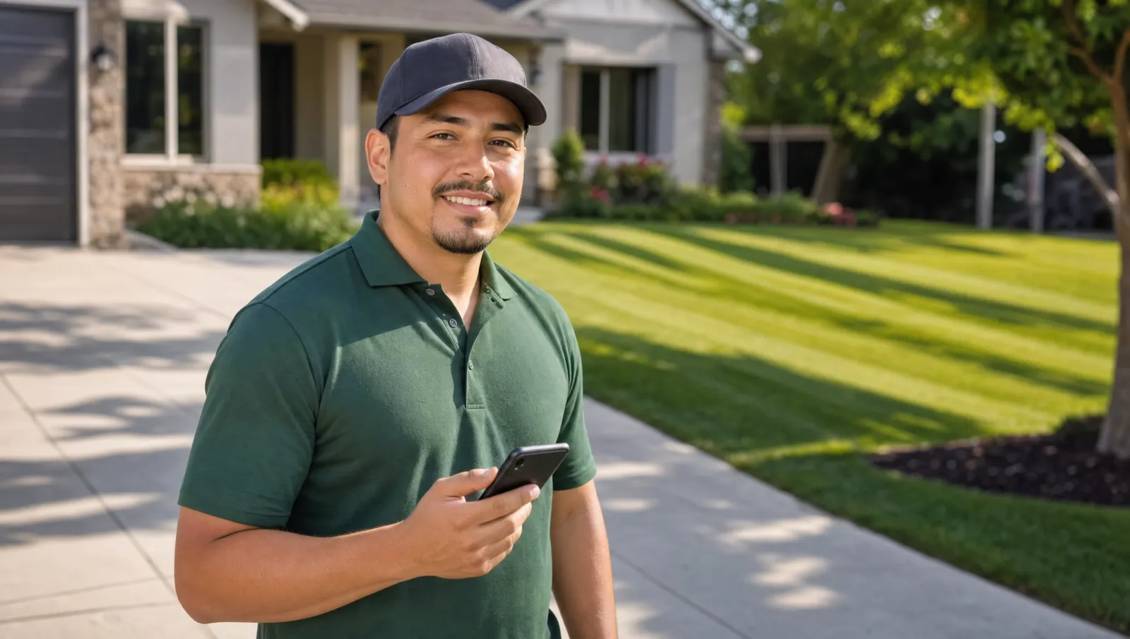 A lawn care contractor building a quote on a phone next to a mower