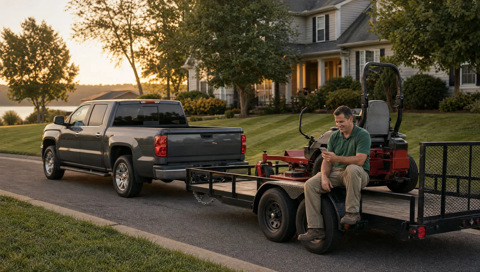Lawn care pro in a green polo sitting on the fender of a utility trailer hitched to his pickup, checking his phone beside a red zero-turn mower at golden hour