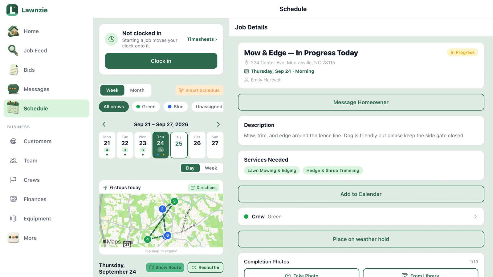 Lawnzie on an iPad in landscape: the Schedule screen with the crew time clock, a map of the day's six stops, and the job details open alongside