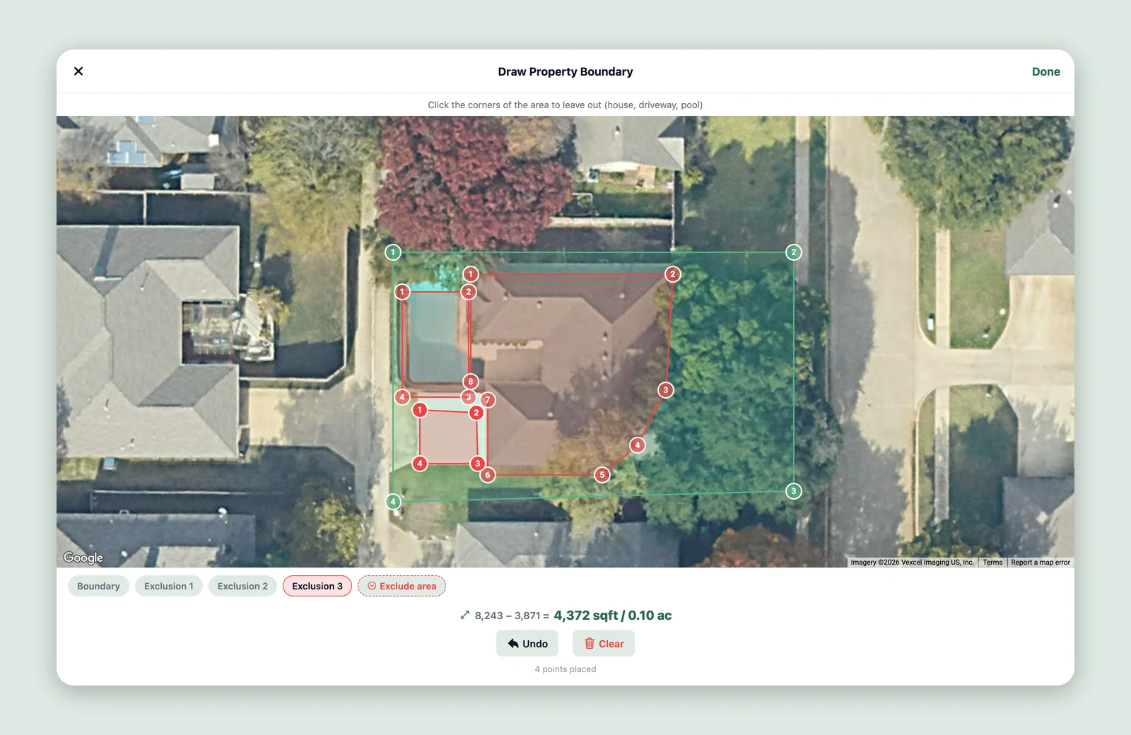 Drawing a property boundary in Lawnzie: the lot outlined in green, with the house, pool and patio cut out in red, and the readout 8,243 − 3,871 = 4,372 sq ft