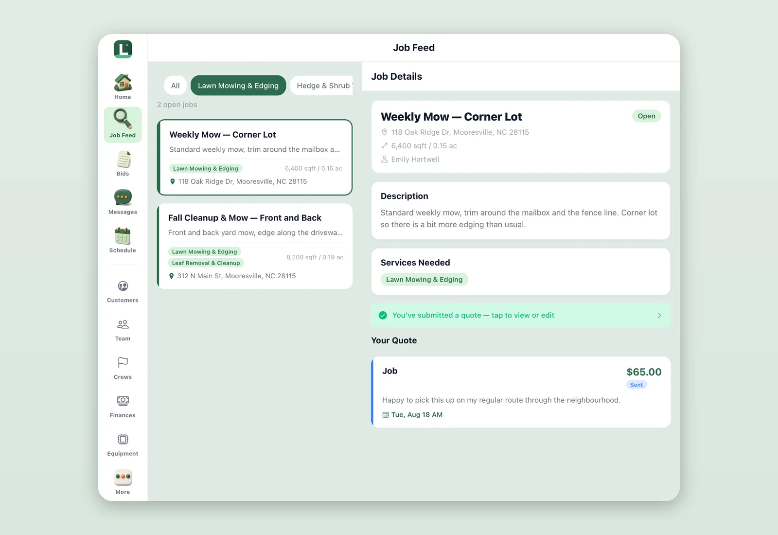 Lawnzie on iPad: the Job Feed list on the left and the selected job's details and quote on the right