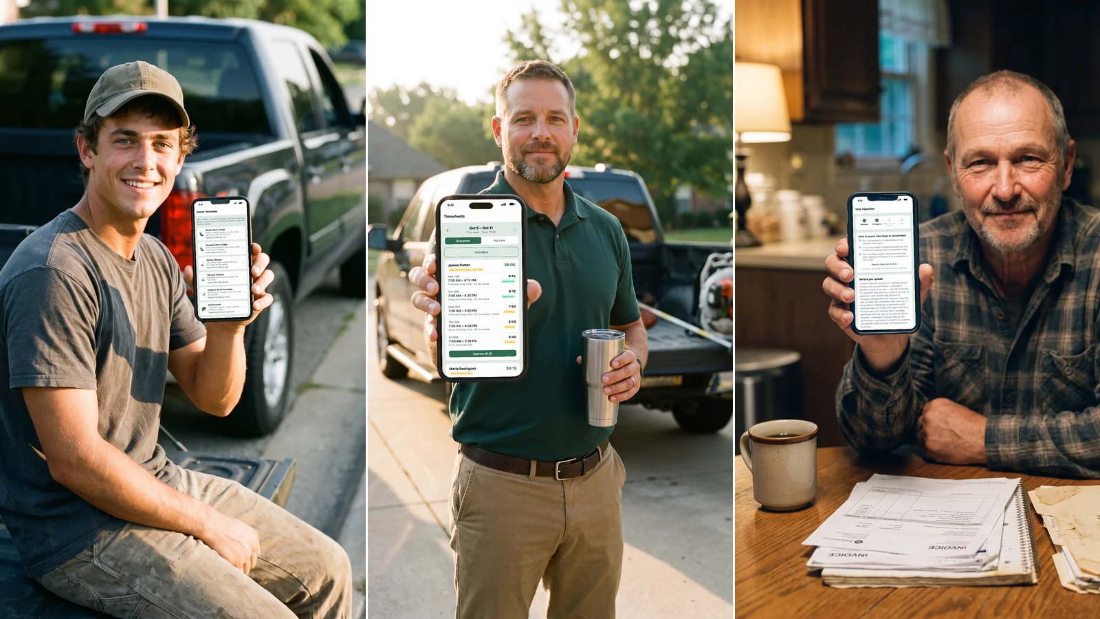 Three lawn care pros each holding up a phone running Lawnzie: one with the starter service templates, one with crew timesheets, and one with the Switch to Lawnzie progress screen