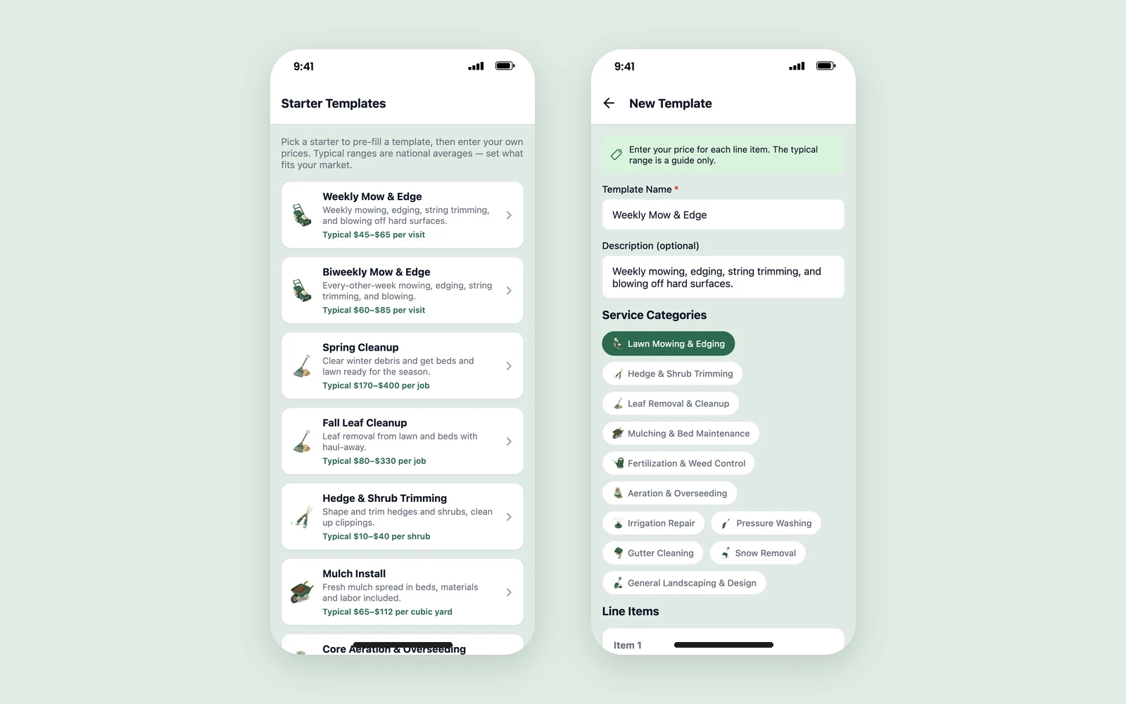The Starter Templates library in Lawnzie with Weekly Mow & Edge, Biweekly Mow & Edge, Spring Cleanup and Fall Leaf Cleanup, and the New Template screen filled in from the Weekly Mow & Edge starter