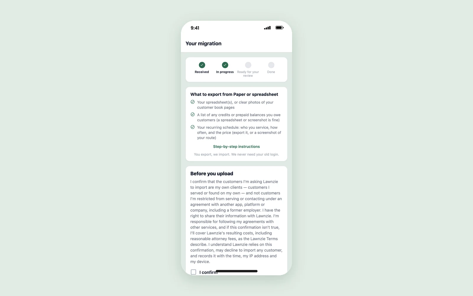 The Your migration screen in Lawnzie: the progress timeline at In progress, and the checklist of what to export from paper or a spreadsheet
