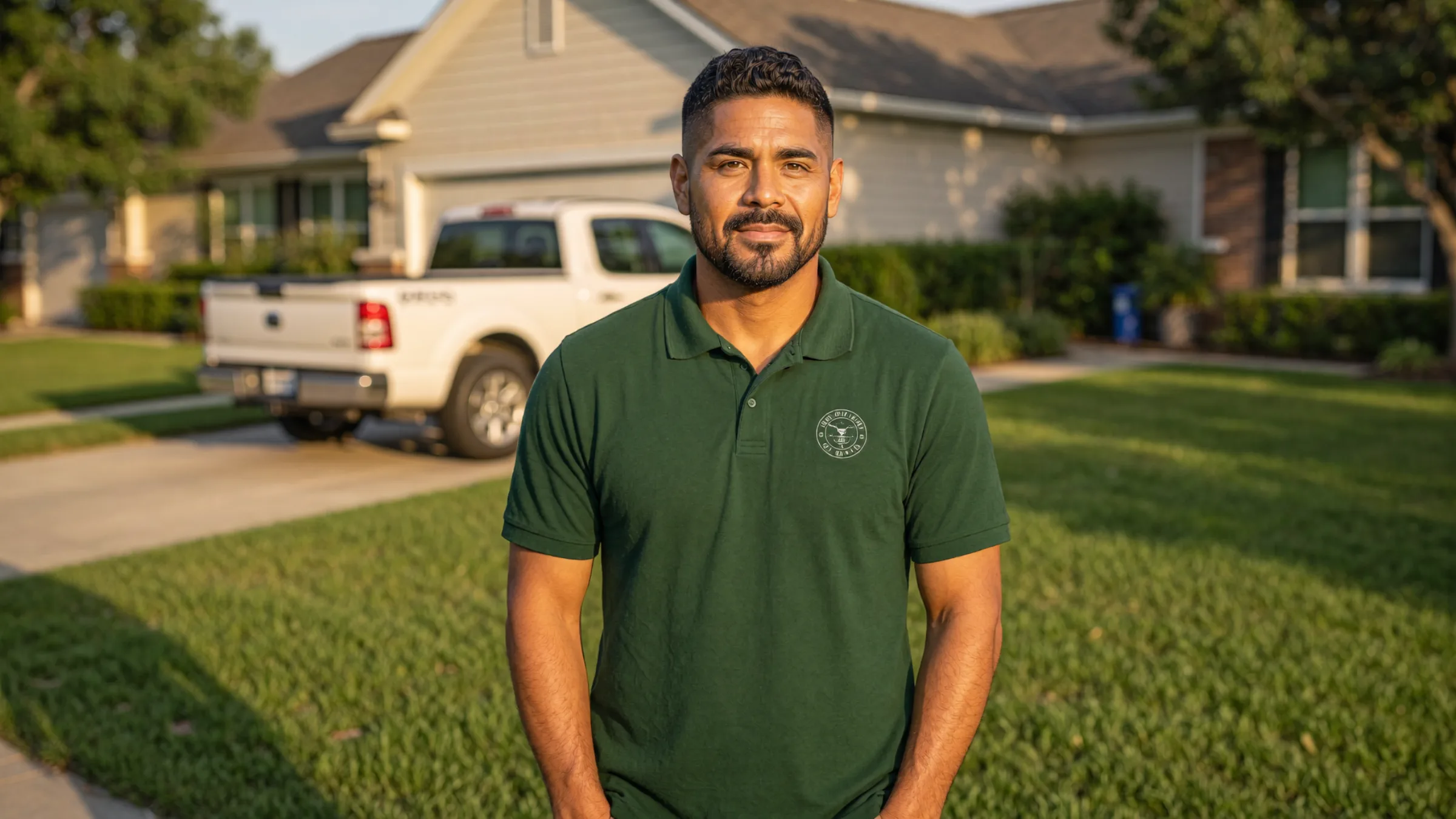 A Lawnzie lawn care professional beside his pickup truck on a residential driveway at golden hour