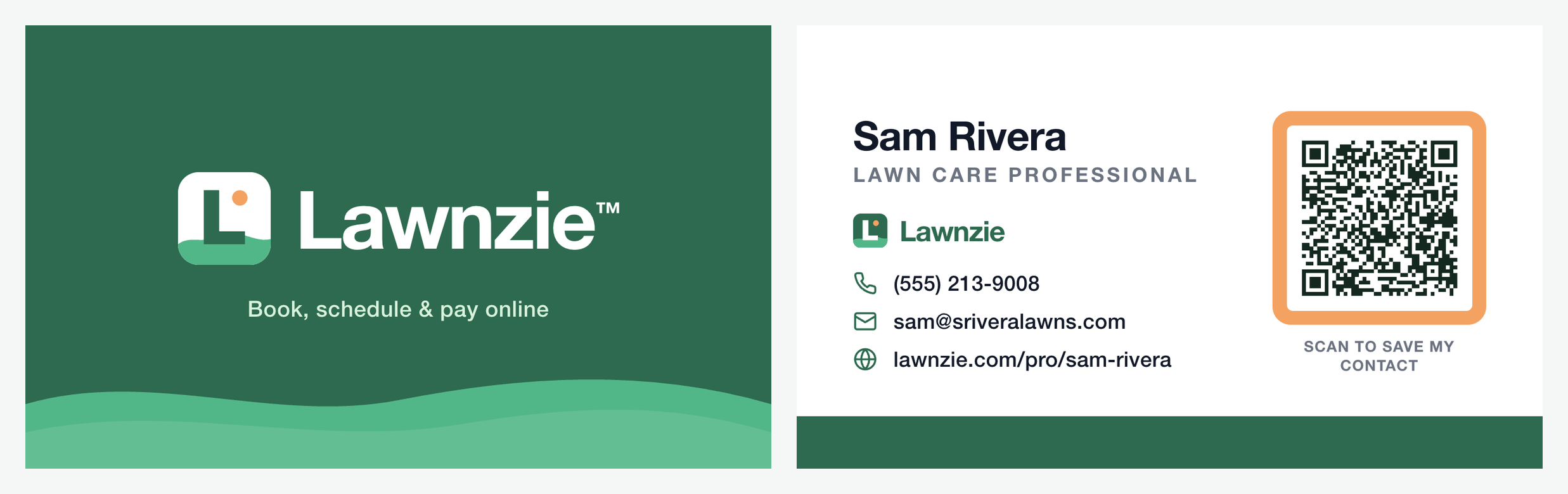 Custom Lawnzie business cards, front and back